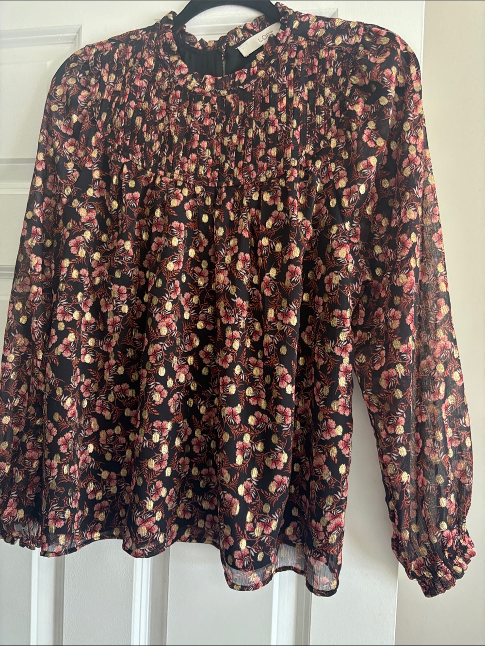 LOFT Black Floral Long-Sleeve Blouse with Pink & Gold Accents